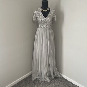 NWT MAYA DELUXE Tall Sz 4 Bridesmaid Maxi Sequin/Tulle Dress Long‎ Silver/Gray